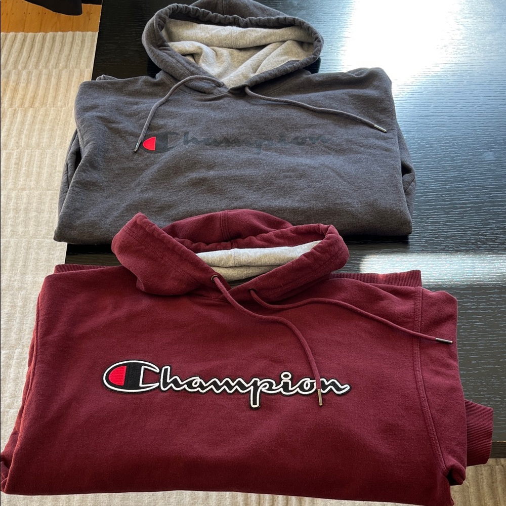 Two Men’s Large Champion
Hoodies, Charcoal/dark gray and Maroon, Bundle
